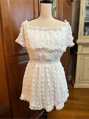 Chicways White Ruffled Off-Shoulder Romper - Feminine Detail